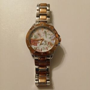 Women's Foral Dial Rhinestone Bezel Silver Tone Rose Gold Quartz Movt Watch